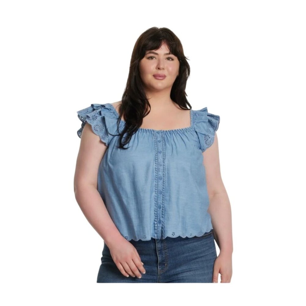 Blue Denim Eyelet Ruffle Sleeve Tank Top Jessica Simpson 4x